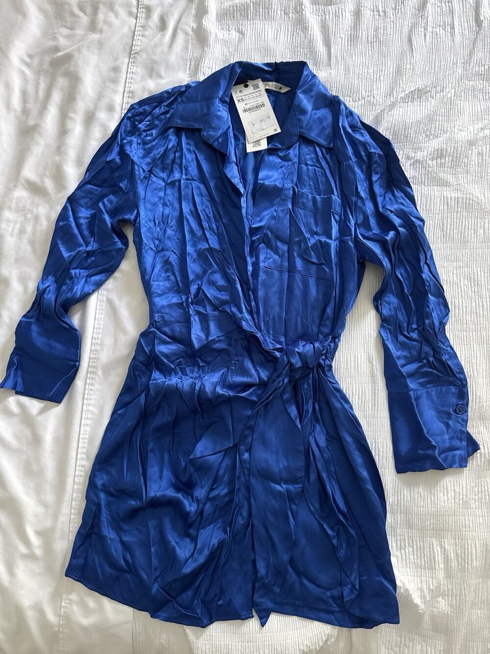 NWT Zara Wrap Dress Royal Blue Satin Women's XS Wedding Guest Cocktail Short